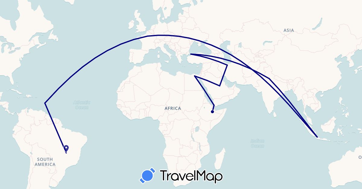 TravelMap itinerary: driving in Brazil, Egypt, Ethiopia, France, Indonesia, India, Iran, Saudi Arabia, Turkey, Yemen (Africa, Asia, Europe, South America)